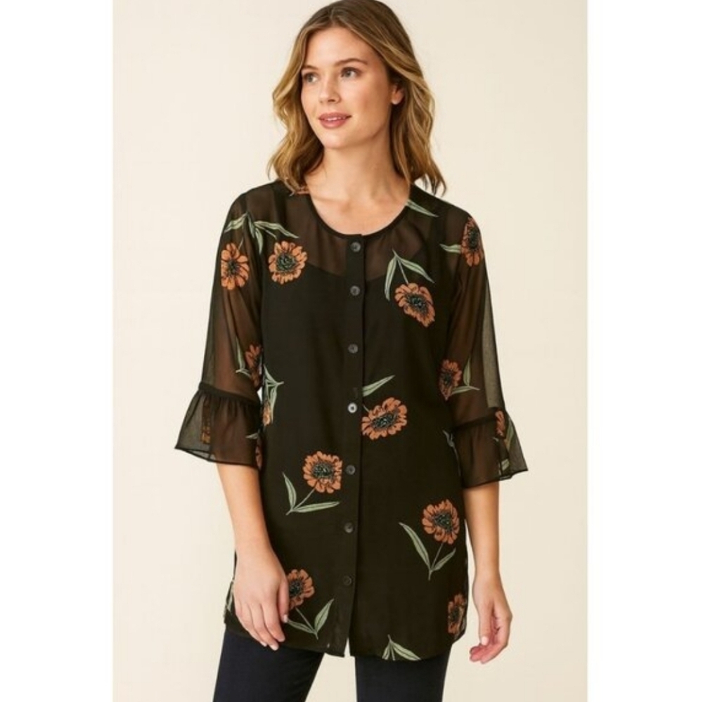 Cabi La Di Da  Sheer Chiffon Flutter Sleeve Button Up Blouse SIZE XSMALL